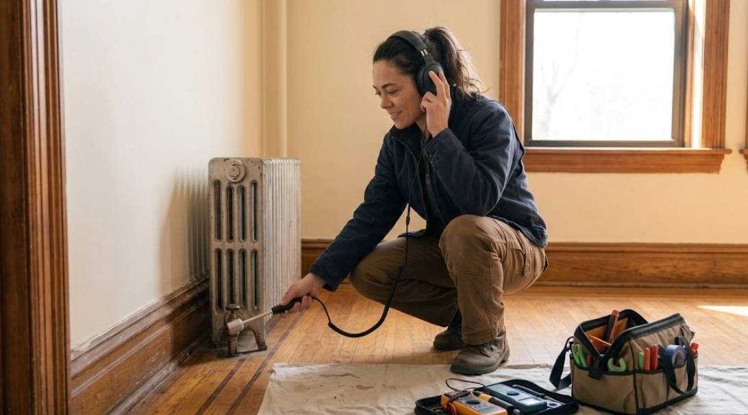 Technician using acoustic listening equipment for non-invasive hidden water leak detection.